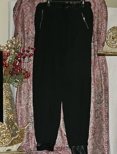 EUC Women's Charlotte Russe Black Joggers w/ Faux Leather, Drawstring & Zippers